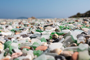 Beach of crystals polished by the seas and rocks at Cabo Silleiro, near Baiona, Galicia, Spain