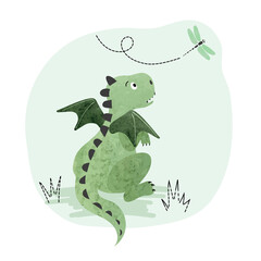 Little cartoon dragon and dragonfly. Vector watercolor illustration for kids.