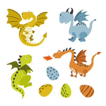 Cute cartoon dragons set. Funny animal characters isolated on white. Vector illustration