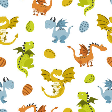 Seamless cartoon dragon pattern. Funny animal characters for kids. Baby print