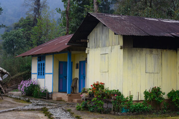 Wooden house with metallic roof decorated with plants .