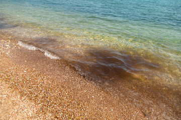 The seashore, the beach with dirty black spots in the water. Pollution of the oceans and the environment.