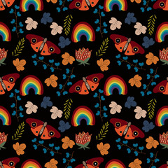 Naklejka premium Leaf,rainbow and butterfly vector ilustration seamless patern with black background.Great for textile,fabric,wrapping paper,and any print. 