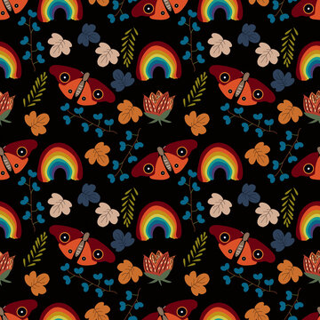 Leaf,rainbow and butterfly vector ilustration seamless patern with black background.Great for textile,fabric,wrapping paper,and any print. 
