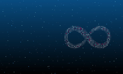 On the right is the infinity symbol filled with white dots. Background pattern from dots and circles of different shades. Vector illustration on blue background with stars