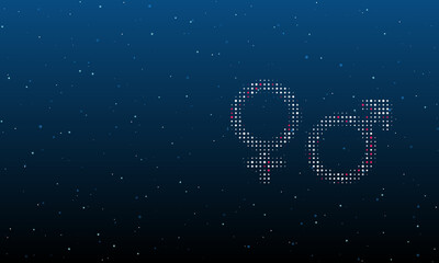 On the right is the gender symbol filled with white dots. Background pattern from dots and circles of different shades. Vector illustration on blue background with stars