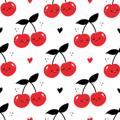 Couple of cute cartoon style cherry characters and hearts vector seamless pattern background.