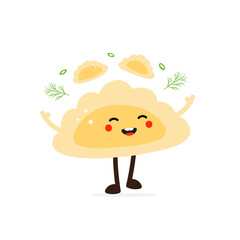 Cute happy cartoon style pierogi, filled dumpling character juggling little dumplings and greenery. 
