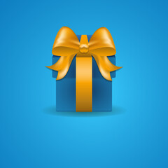 Blue gift box with gold bow. New Year. Gift. Birthday. Christmas.