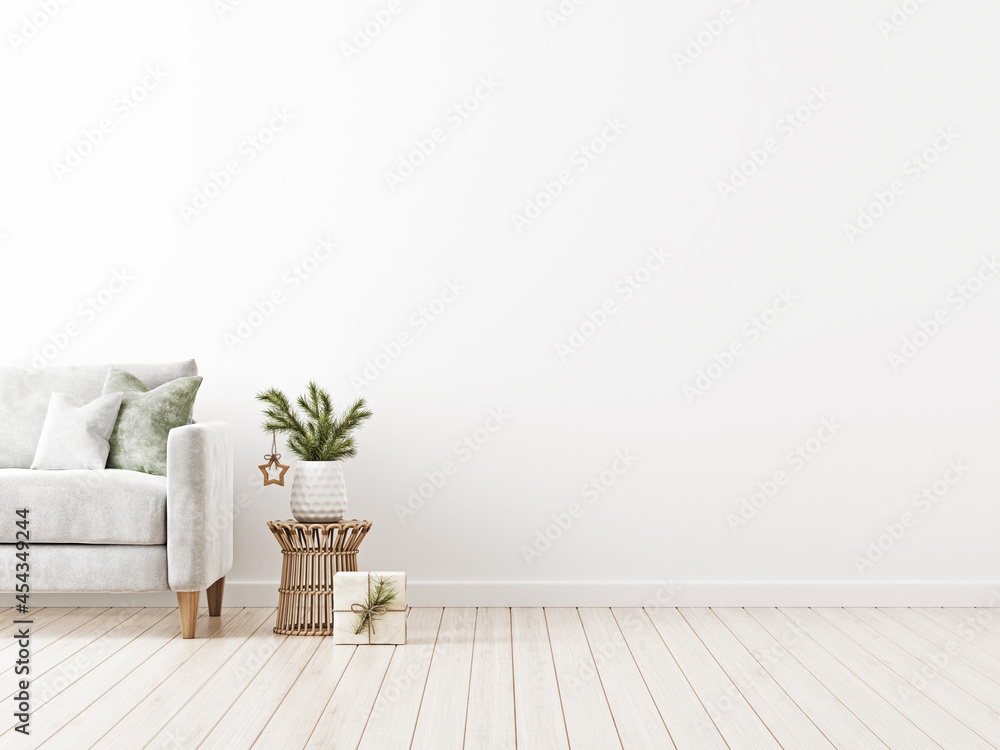 Aufkleber christmas interior mockup with grey sofa, fir tree branch in vase with simple decoration and gift bo