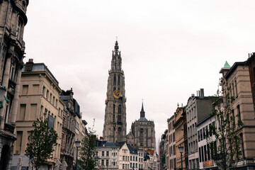 Fototapeta na wymiar The tower of the Cathedral of Our Lady in Antwerp