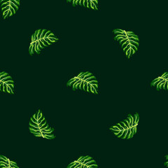 Geometric palm foliage seamless pattern with green monstera leaf shapes. Exotic background.
