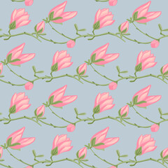 Seamless pattern Magnolias on blue background. Beautiful texture with spring pink flowers.
