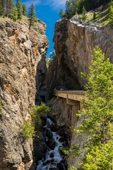 Sinclair Canyen. road in a narrow gorge. Scenic Mountain views. Kootenay National Park