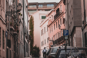 Old Man Walking down an Old Downhill Street in Principe Real, Lisbon