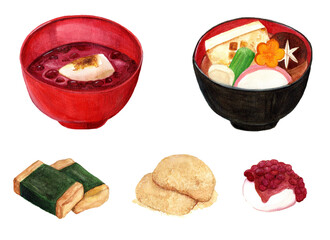 Various type of rice cake drawn by water color.