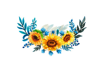 Watercolor frame sunflower autumn.Watercolor sunflowers and butterflies, hand drawn floral illustration Card with space for text wedding, invitation, template card Golden frames and baskets.