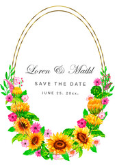 Watercolor frame sunflower autumn.Watercolor sunflowers and butterflies, hand drawn floral illustration Card with space for text wedding, invitation, template card Golden frames and baskets.