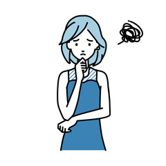 立って手をあごにあてて困っているドレスの女性