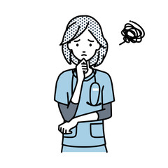 立って手をあごにあてて困っている看護師の女性