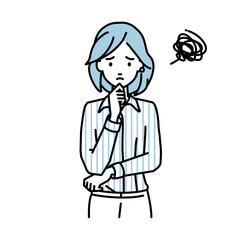 立って手をあごにあてて困っているブラウスの女性