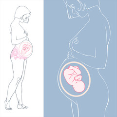 A young pregnant woman and a fetus, an embryo. The concept of happy motherhood, the desired conception of a child. Vector, contour drawing by hand, editable image.