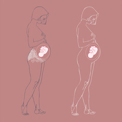 A young pregnant woman and a fetus, an embryo. The concept of happy motherhood, the desired conception of a child. Vector, contour drawing by hand, editable image.