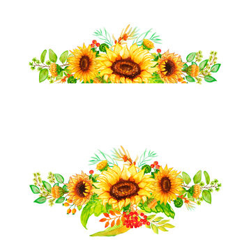 Watercolor frame sunflower autumn.Watercolor sunflowers and butterflies, hand drawn floral illustration Card with space for text wedding, invitation, template card Golden frames and baskets.
