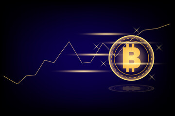 Business and technology concept. Cryptocurrency coin and yellow growing line graph on dark black background. Big data information exchanges digital currency and online payment.