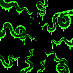 green tentacles of a monster with dripping slime on a black background. Halloween banner