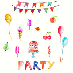Hand drawn watercolor dessert illustration and party decor set