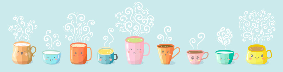 Vector set of kawaii cute characters cups with smoke.