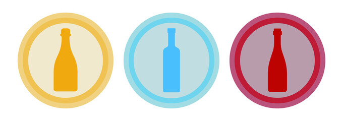 Bottle of red wine, champagne, vodka. Background is circle. Isolated color object design beverage. Graphic illustration in flat style. Simple icon for restaurant, pub, party