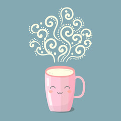Vector kawaii cute characters cup with smoke.