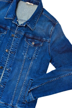 Blue denim jacket with a sleeve in the pocket. Men's jean jacket in classic style.
