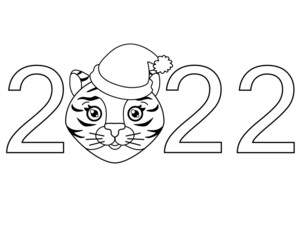 2022 with cute tiger face in santa hat, year of the tiger vector linear lettering. Outline. New Year's tiger lettering with head in a hat 2022 - an element for coloring