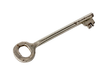 Old key. Metal key for the lock. High angle view. Magically the key. High viewing angle. Isolate on...