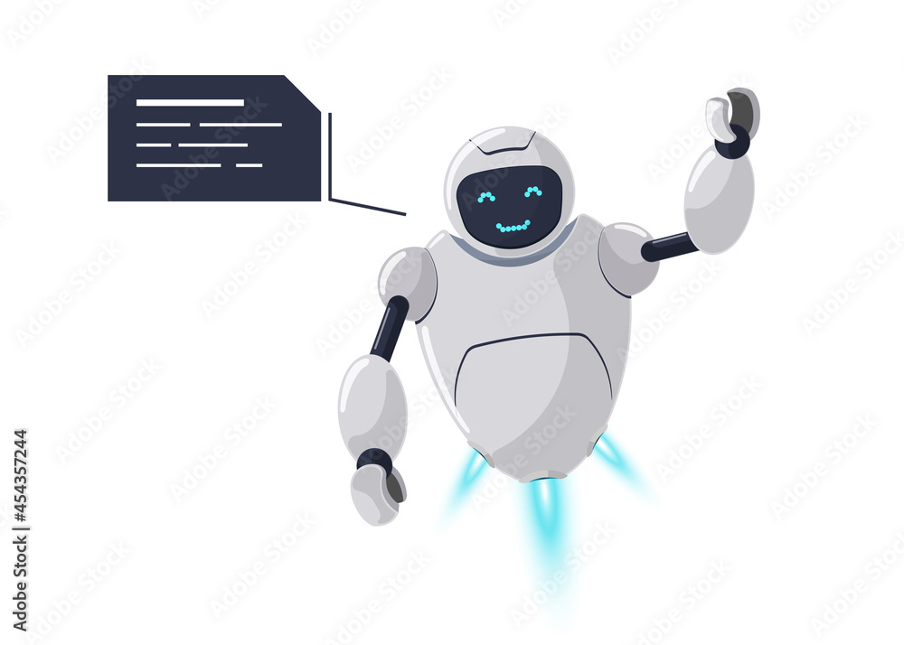 Poster cute friendly smiling robot character greets. futuristic white chatbot mascot and speech bubble. tec