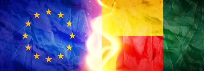 Creative Flags Design of (European Union and Benin) flags banner, 3D illustration.