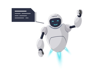 Fototapeta premium Cute friendly smiling robot character greets. Futuristic white chatbot mascot and speech bubble. Tech cartoon online bot communication. Robotic AI assistance talk vector isolated illustration