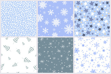 A set of seamless patterns. Winter Christmas ornament new year's holiday with snowflakes, stars, ferns. Vector graphics.