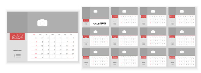 Desktop Monthly Photo Calendar 2022. Simple monthly horizontal photo calendar Layout for 2022 year in English. Cover Calendar and 12 months templates. Week starts from Sunday. Vector illustration