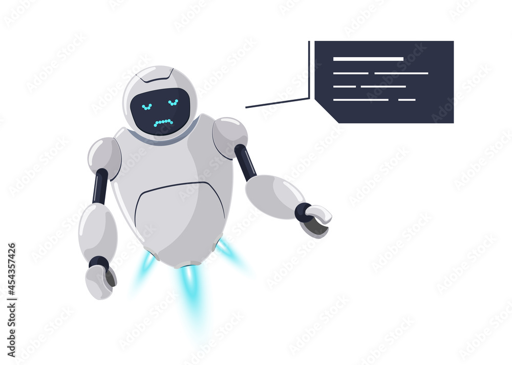 Poster cute friendly robot character sad and upset emotion. futuristic white chatbot mascot joyless by mist