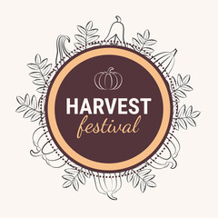 Harvest festival card template with circle frame for text and outline drawing of pumpkins and leaves. Seasonal greetings, fest, advertising design concept. Flat vector illustration