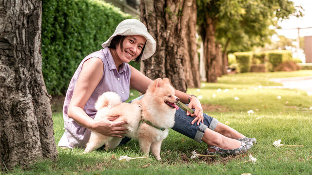 Asia women sitting on grass under a tree in the garden with lovely puppy pomeranian dog on travel tip
