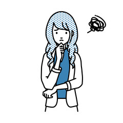 立って手をあごにあてて困っているジャケットの女性