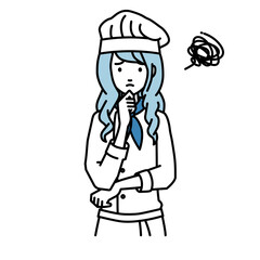 立って手をあごにあてて困っている調理師の女性