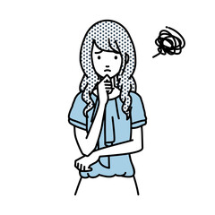 立って手をあごにあてて困っているオフィスカジュアルの女性