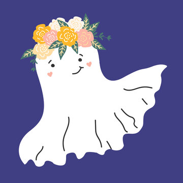 Cute Smiling Ghost In A Flower Wreath. Halloween Element.  Vector Illustration