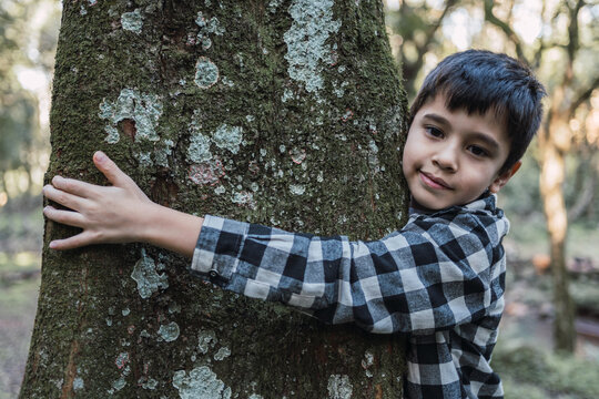 Charming ethnic boy embracing tree trunk in woods